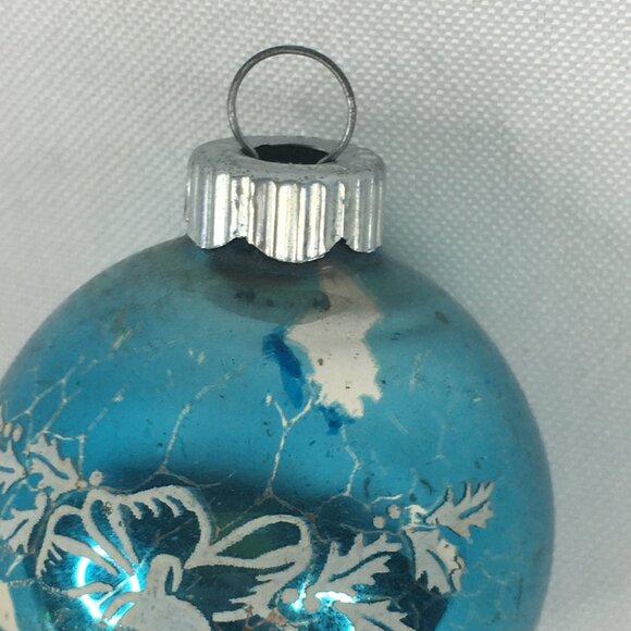 Vintage Shiny Brite Small Blue Glass Ball Stencil Christmas Greetings Ornament - Picture 9 of 9